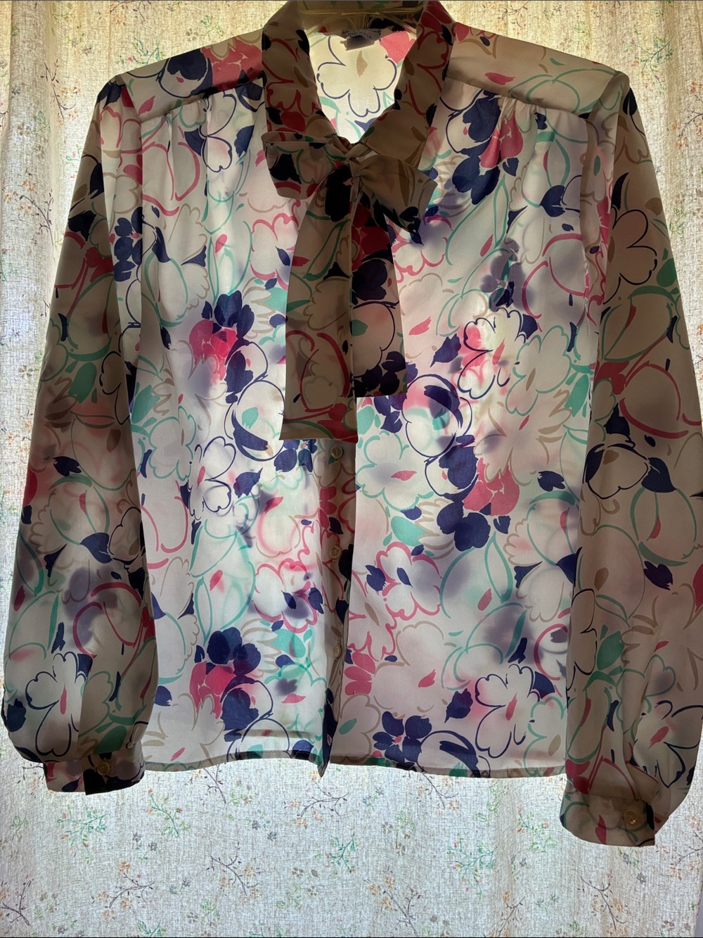 Vintage Cape Cod Match Mates Floral Tie-Neck Blouse Sz Large Made in USA